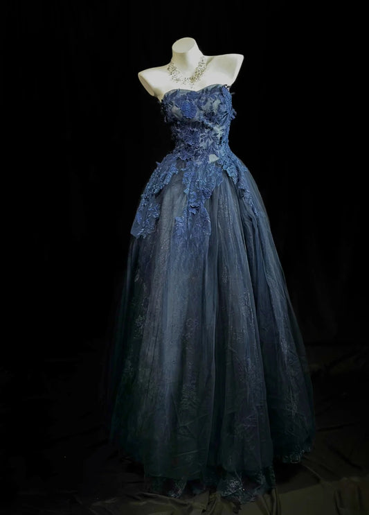 Vintage Prom Dresses 80s Ball Gown Strapless Navy Blue Tulle With Appliqued Evening Dress Formal Outfits RB5819
