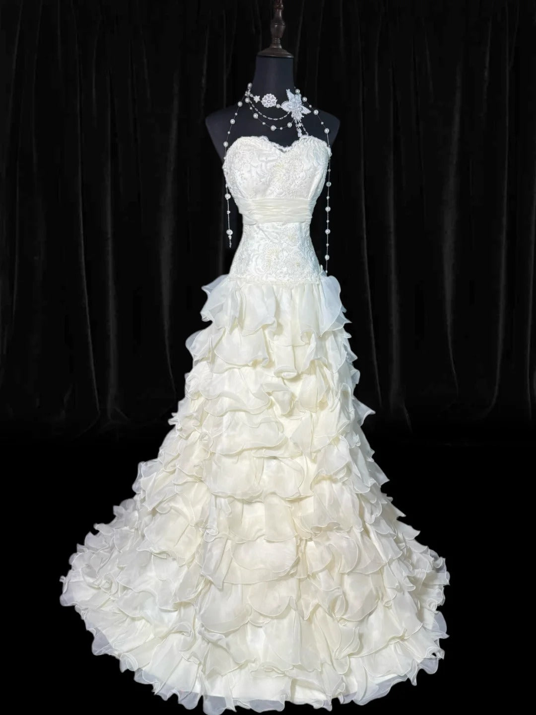 Timeless Women's Mermaid Sweetheart Sleeveless White Chiffon Tiered Pleated With Beads Lace Long Vintage 1920s Wedding Dresses AS006