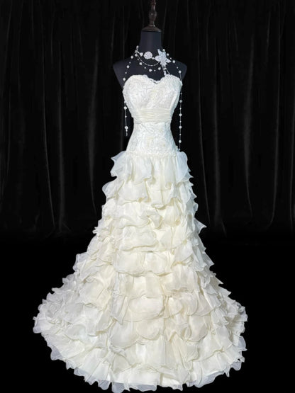 Timeless Women's Mermaid Sweetheart Sleeveless White Chiffon Tiered Pleated With Beads Lace Long Vintage 1920s Wedding Dresses AS006