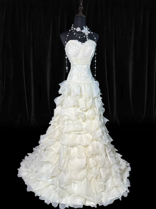 Timeless Women's Mermaid Sweetheart Sleeveless White Chiffon Tiered Pleated With Beads Lace Long Vintage 1920s Wedding Dresses AS006