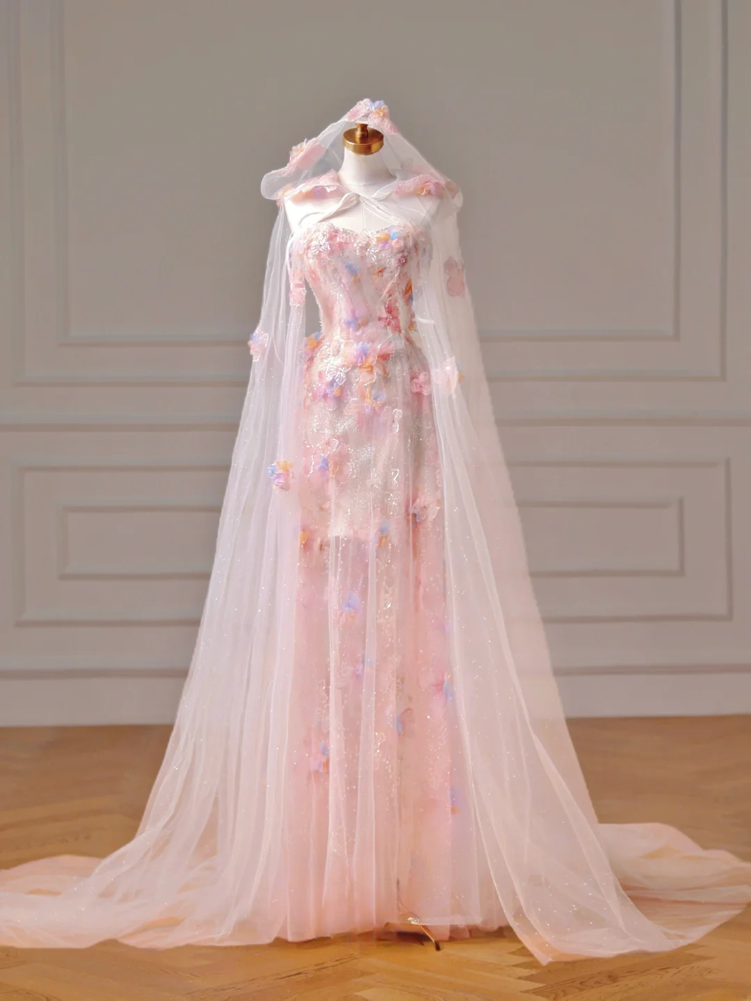 Modest Prom Dresses Aesthetic A Line Strapless Pink Lace Tulle Inspiration Impress With Cape Long Party Formal Gown For Teenagers High Schools AQ006