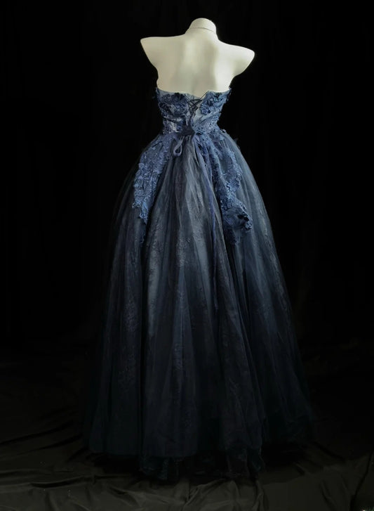 Vintage Prom Dresses 80s Ball Gown Strapless Navy Blue Tulle With Appliqued Evening Dress Formal Outfits RB5819