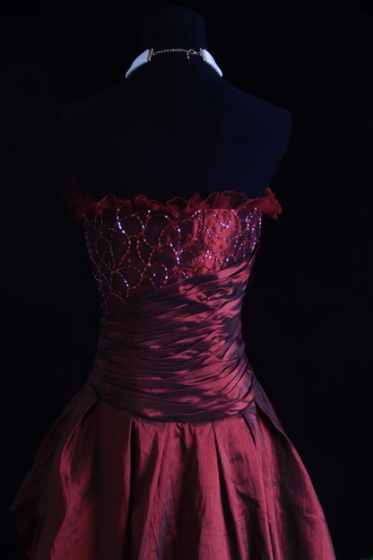 Retro Ball Gown Strapless Burgundy Tulle 90s With Beads Evening For Women Party Dresses Long Formal Prom Dresses 21st Birthday Gowns AS006