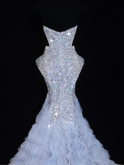 Sequin Prom Dress Aesthetic Mermaid Strapless With Pleated Style Impress Tulle Long Prom Dresses Party Formal Gowns SA006