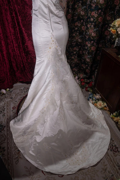 Elegant Mermaid Spaghetti Straps White Satin With Flowers Beading Long Prom Dresses Formal Outfit Evening Night Dress RB8034