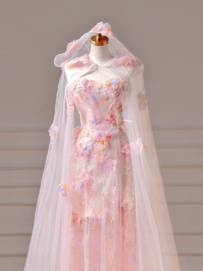 Modest Prom Dresses Aesthetic A Line Strapless Pink Lace Tulle Inspiration Impress With Cape Long Party Formal Gown For Teenagers High Schools AQ006