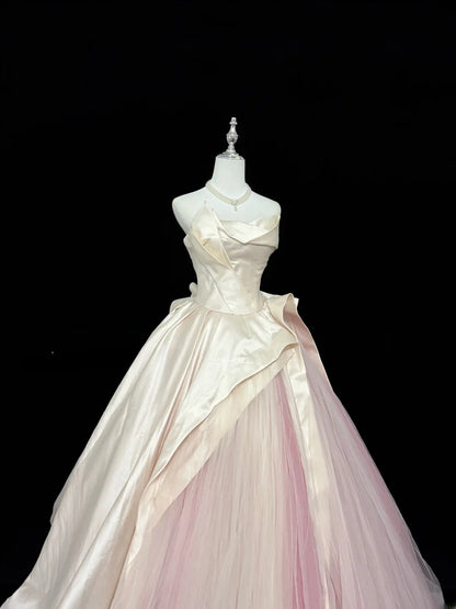 Sweety Prom Dresses Ball Gown Pink Strapless Sleeveless Floor Length Tulle Evening Long Formal Dress RB7381