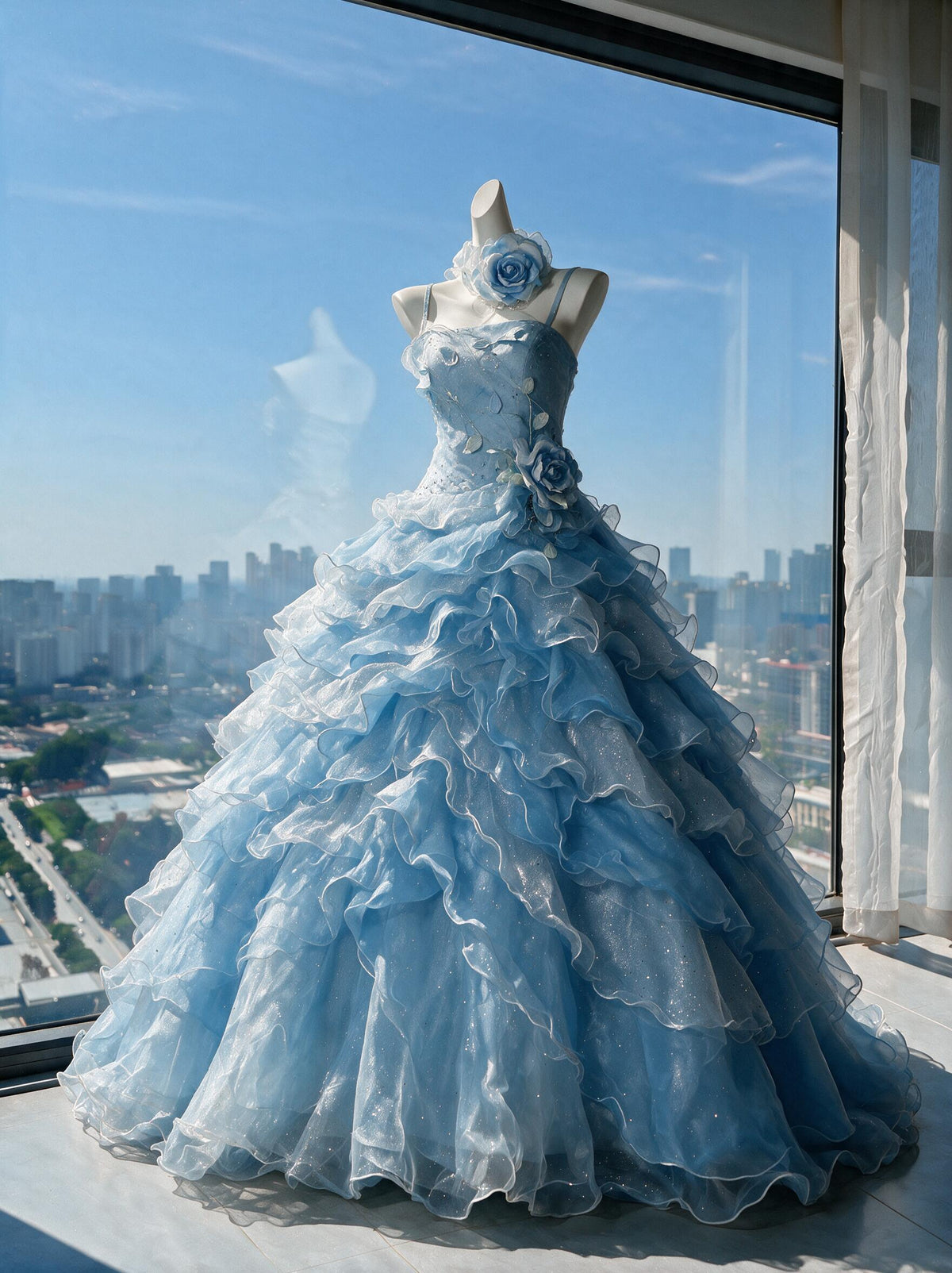 Fairy Quinceanera Dress Ball Gown Spaghetti Straps Blue Tulle With Flowers Tiered Layers 15th Birthday Party Outfit RC0967