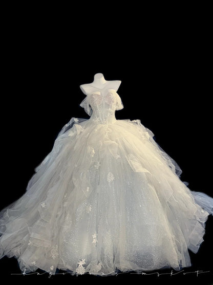Ethereal Ball Gowns Off The Shoulder White Sequin With Cap Sleeves Tulle Garden Wedding Dresses RB3350
