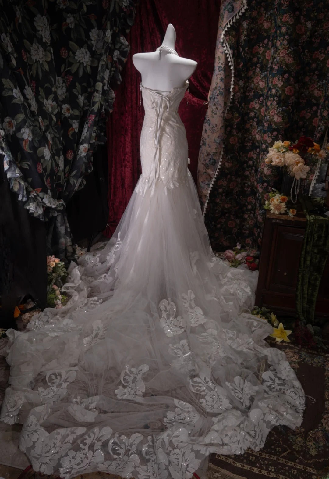 Vintage 80s Mermaid Sweetheart Lace Tulle White With Appliques Train Brides Gown Bridal Dress Wedding Dresses RB8032
