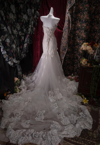 Vintage 80s Mermaid Sweetheart Lace Tulle White With Appliques Train Brides Gown Bridal Dress Wedding Dresses RB8032