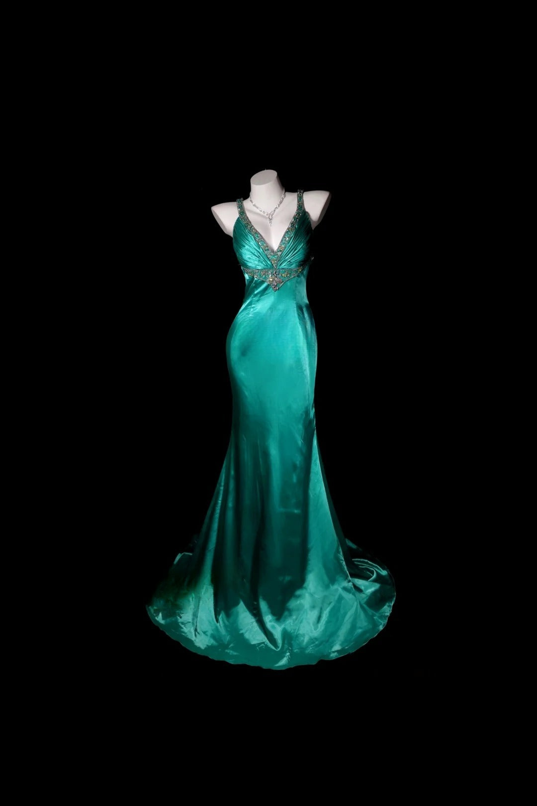 Green Prom Dress Mermaid Halter V Neck Satin Modest Floor Length Formal Party Gown RB9816