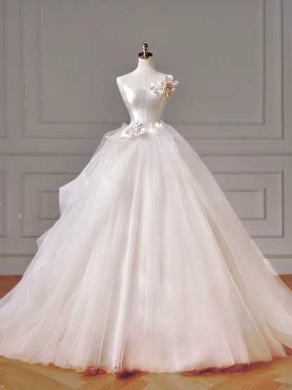 Princess Long Wedding Gowns Ball Gown Off The Shoulder Short Sleeves Pleated Tulle for Bride With Flower Train White Bridal Dress AQ008