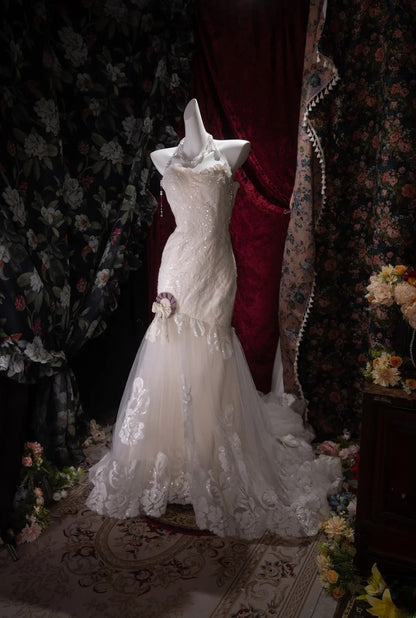 Vintage 80s Mermaid Sweetheart Lace Tulle White With Appliques Train Brides Gown Bridal Dress Wedding Dresses RB8032