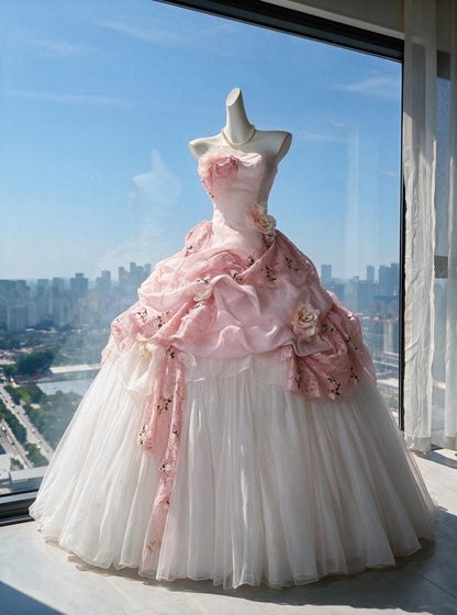 Fairy Quinceanera Dress Ball Gown Strapless Pink White Tulle With Flowers Tiered 16th Birthday Party Outfit RC0968