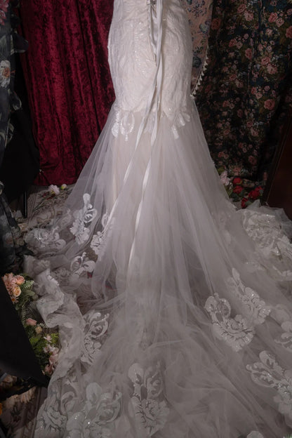 Vintage 80s Mermaid Sweetheart Lace Tulle White With Appliques Train Brides Gown Bridal Dress Wedding Dresses RB8032