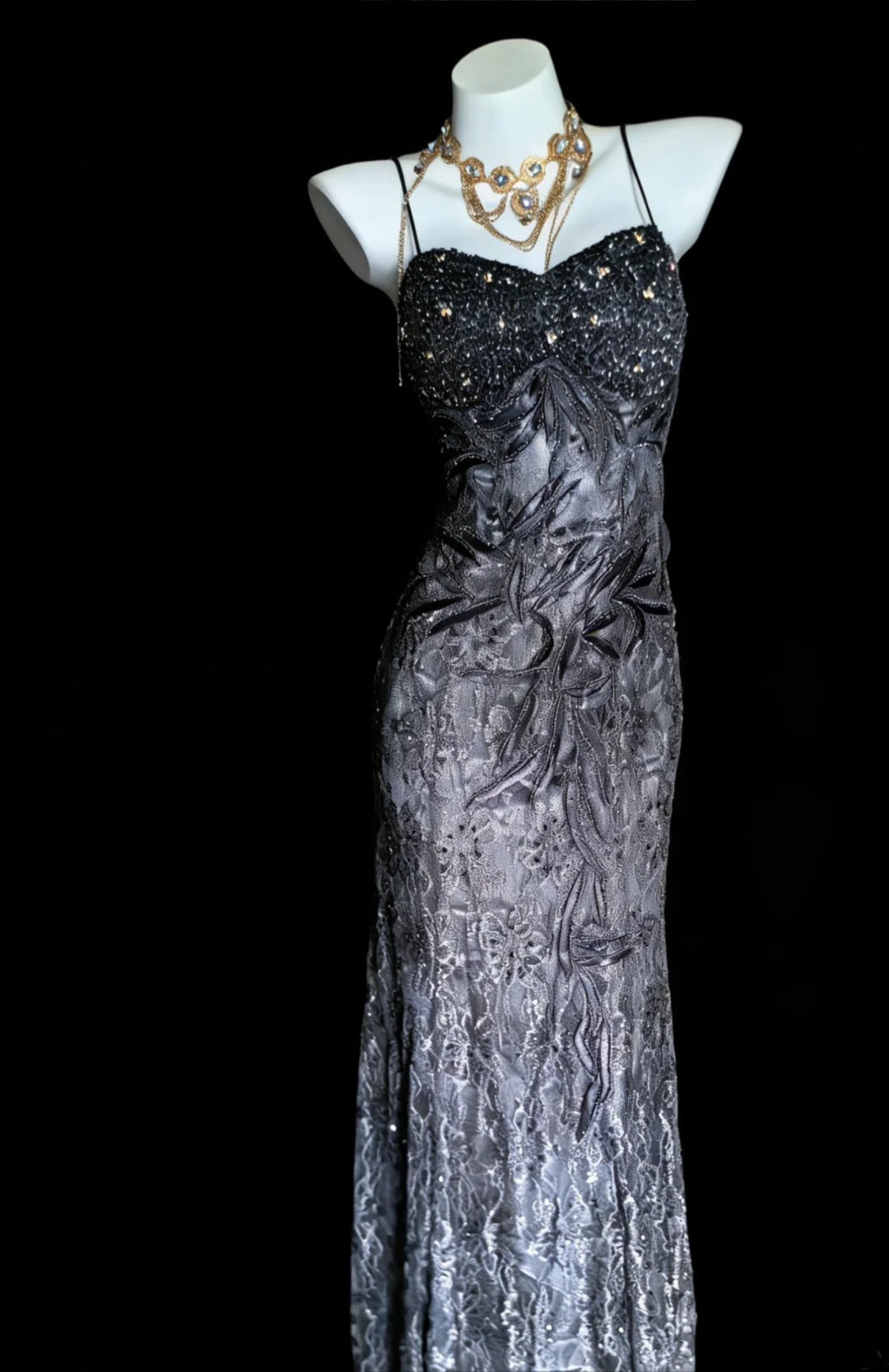 Unique Mermaid Spaghetti Strap Grey Lace 90s With Beads For Women Party Dresses Long Prom Dress 20th Birthday Gowns AS008