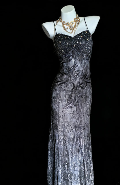 Unique Mermaid Spaghetti Strap Grey Lace 90s With Beads For Women Party Dresses Long Prom Dress 20th Birthday Gowns AS008