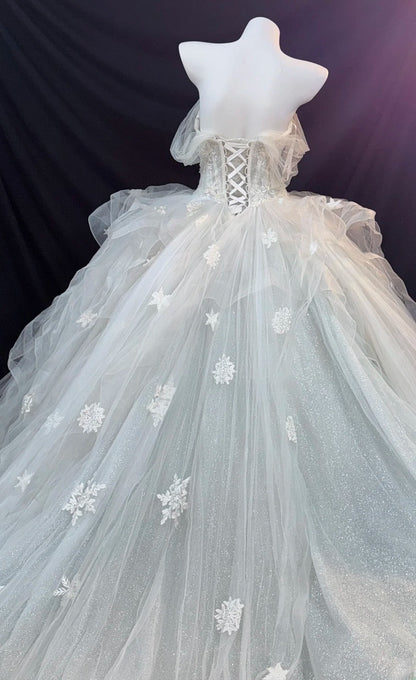 Ethereal Ball Gowns Off The Shoulder White Sequin With Cap Sleeves Tulle Garden Wedding Dresses RB3350