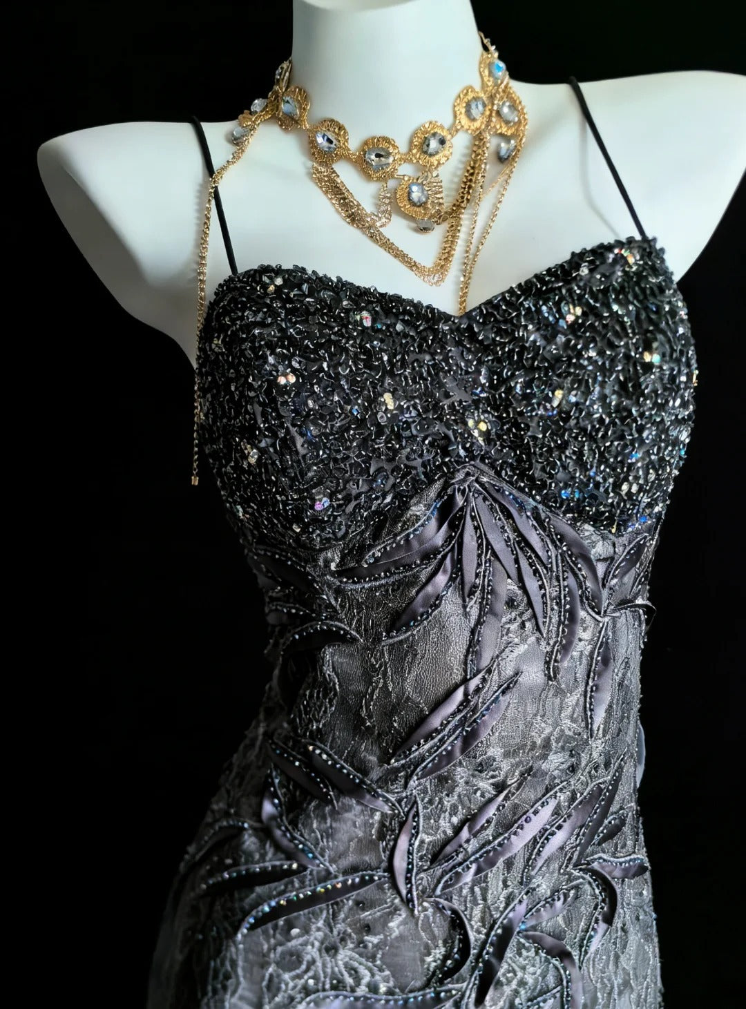 Unique Mermaid Spaghetti Strap Grey Lace 90s With Beads For Women Party Dresses Long Prom Dress 20th Birthday Gowns AS008