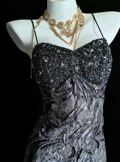 Unique Mermaid Spaghetti Strap Grey Lace 90s With Beads For Women Party Dresses Long Prom Dress 20th Birthday Gowns AS008