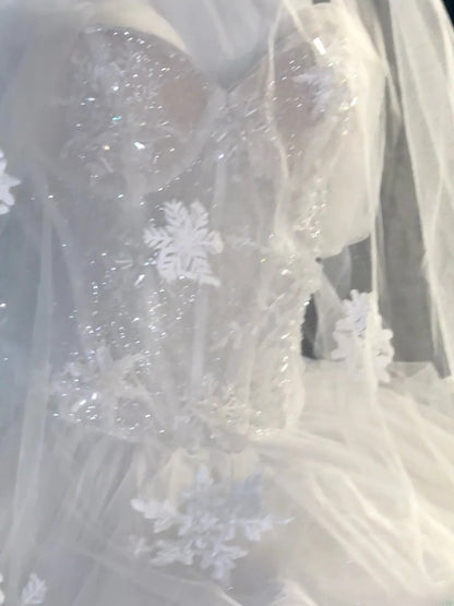Ethereal Ball Gowns Off The Shoulder White Sequin With Cap Sleeves Tulle Garden Wedding Dresses RB3350
