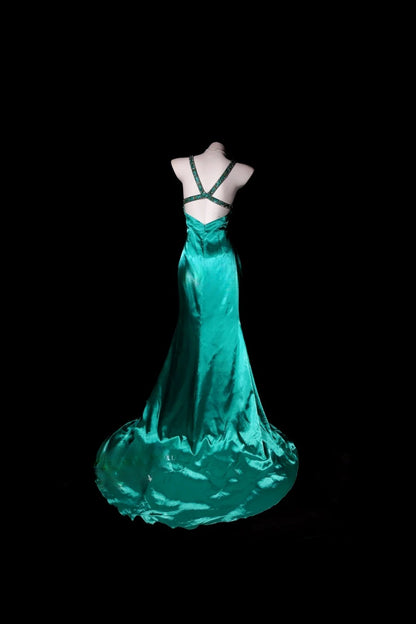 Green Prom Dress Mermaid Halter V Neck Satin Modest Floor Length Formal Party Gown RB9816