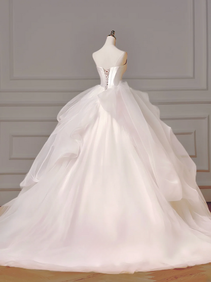 Princess Long Wedding Gowns Ball Gown Off The Shoulder Short Sleeves Pleated Tulle for Bride With Flower Train White Bridal Dress AQ008