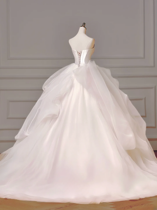 Princess Long Wedding Gowns Ball Gown Off The Shoulder Short Sleeves Pleated Tulle for Bride With Flower Train White Bridal Dress AQ008