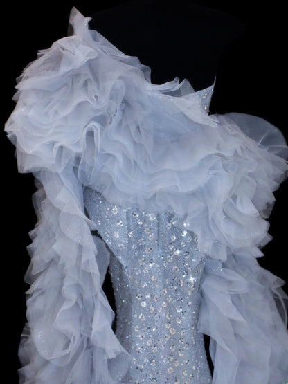 Sequin Prom Dress Aesthetic Mermaid Strapless With Pleated Style Impress Cape Tulle Long Prom Dresses Party Formal Gowns SA008