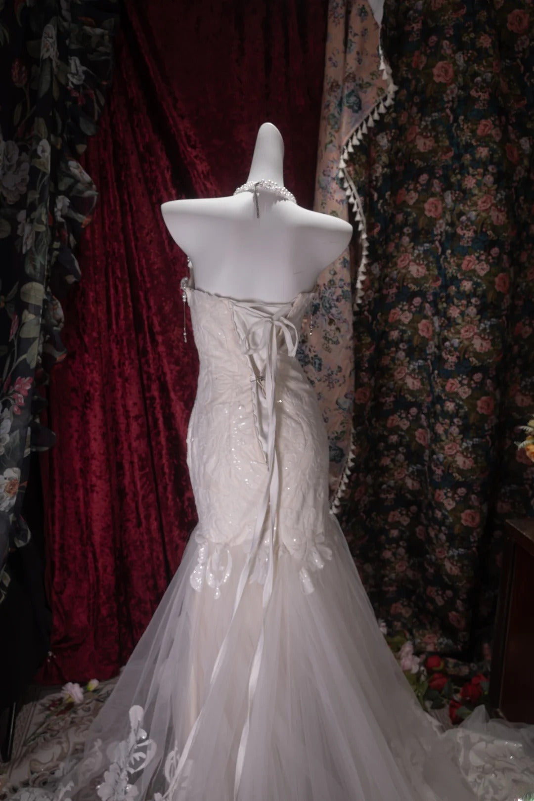 Vintage 80s Mermaid Sweetheart Lace Tulle White With Appliques Train Brides Gown Bridal Dress Wedding Dresses RB8032