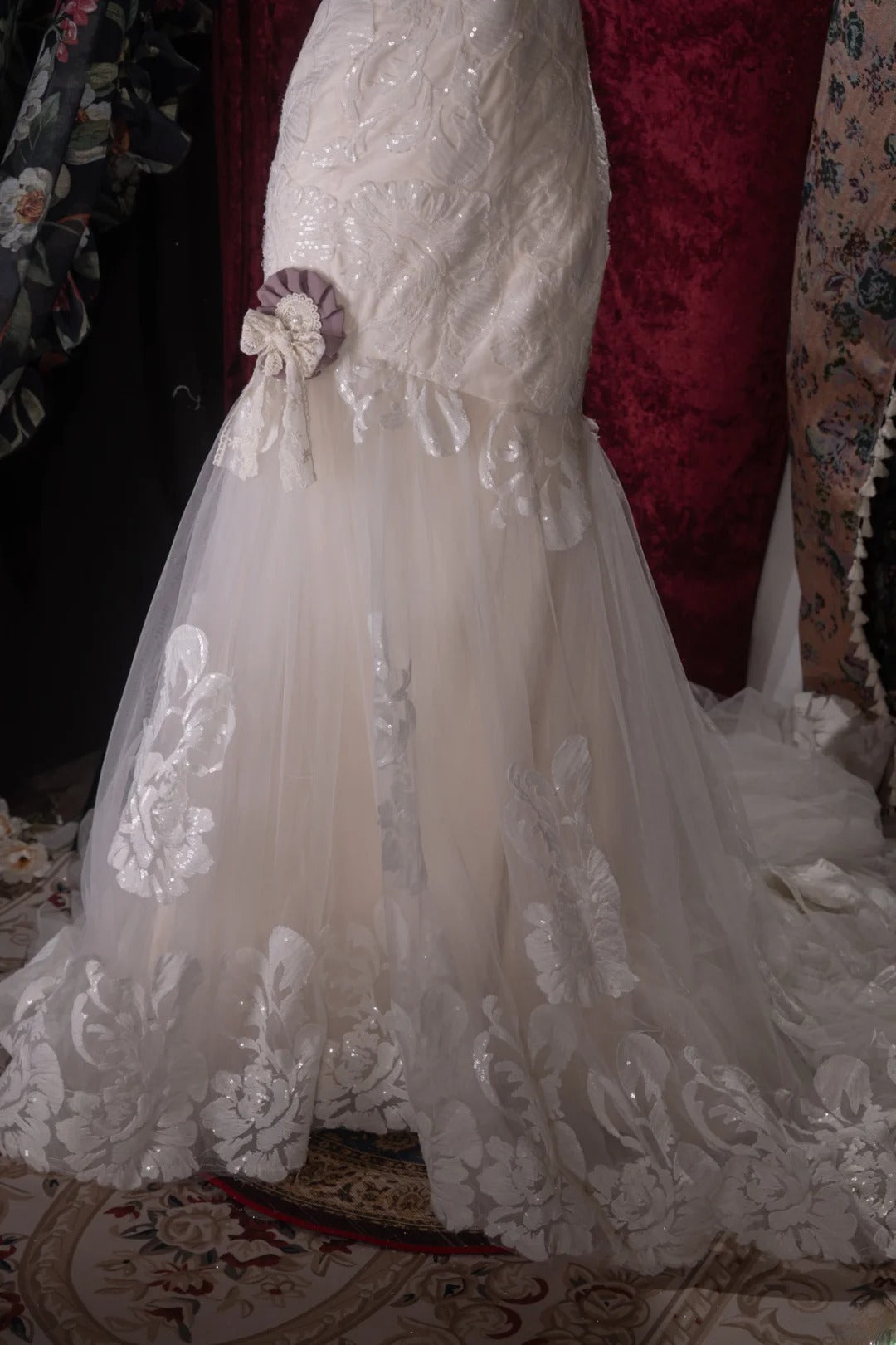 Vintage 80s Mermaid Sweetheart Lace Tulle White With Appliques Train Brides Gown Bridal Dress Wedding Dresses RB8032