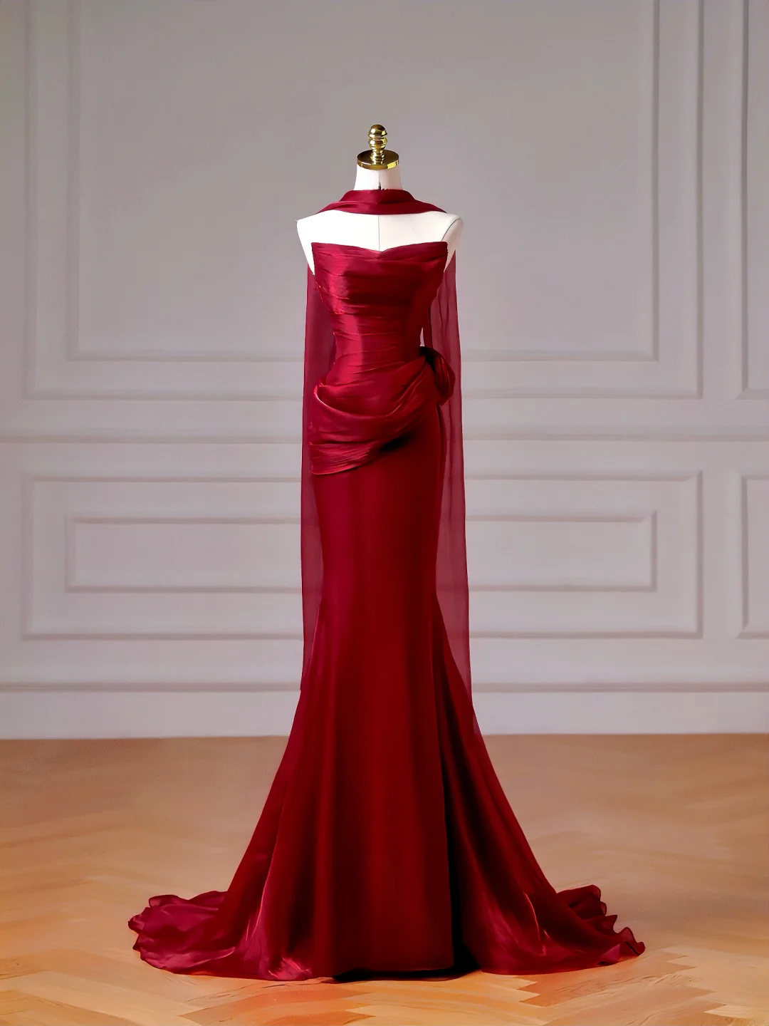 Chic Prom Dresses Aesthetic Mermaid Strapless Burgundy With Scarf Pleated Inspiration Impress Long Party Formal Gown For Teenagers High Schools AQ009