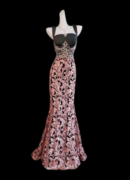 Modest Mermaid Square Neck Floral Pink Lace Sleeveless Long Prom Dresses High School Senior Graduation Dance Party Outfits AS009