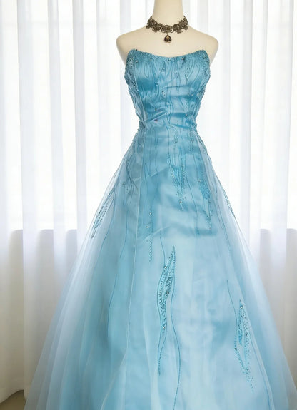 Unique Ball Gown Strapless Blue Tulle 90s With Beaded Bodice For Women Long Prom Dress 20th Birthday Gowns AS009