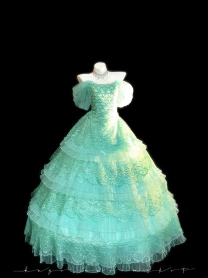 Princess Ball Gown Off The Shoulder Green Layered Tiered With Sleeves Sweet 16 Dresses Quinceanera Dress RB3351