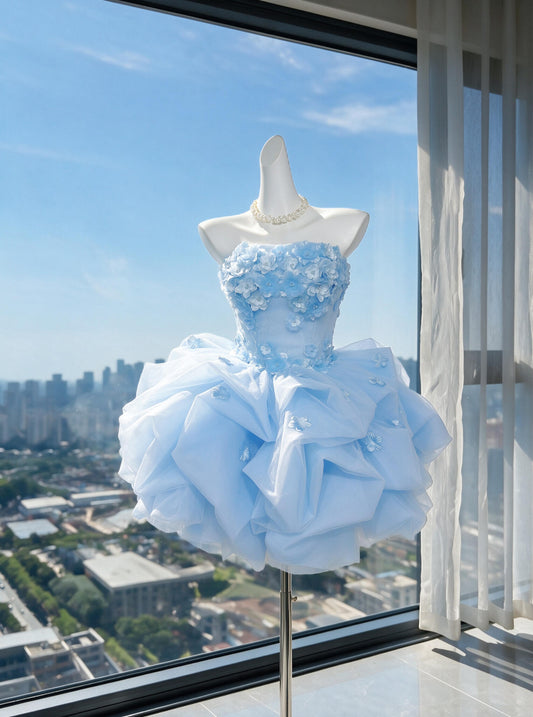 Modest Hoco Dress Ball Gown Strapless Blue Tulle With Flowers Homecoming Birthday Party Dress RC0969