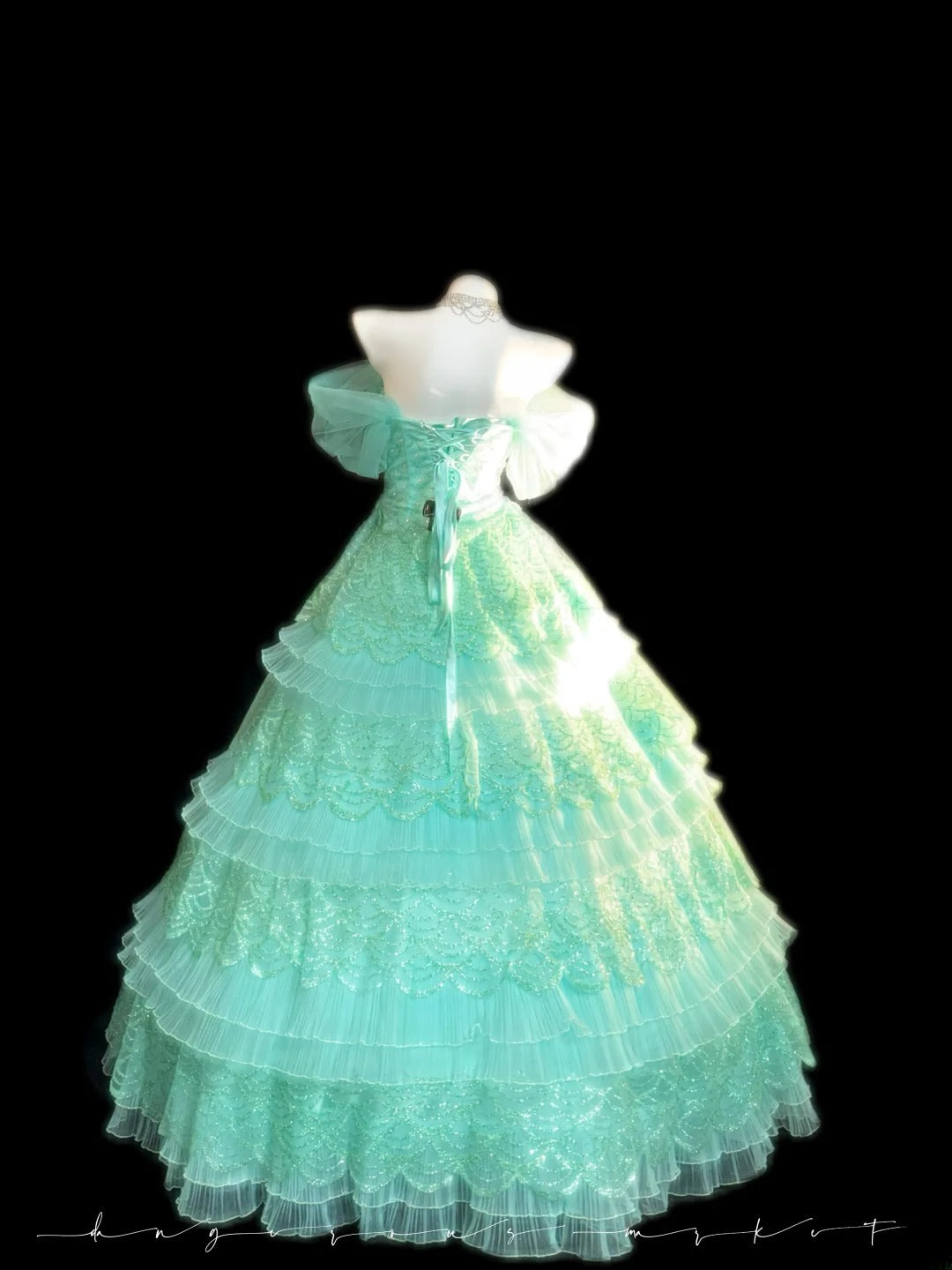Princess Ball Gown Off The Shoulder Green Layered Tiered With Sleeves Sweet 16 Dresses Quinceanera Dress RB3351