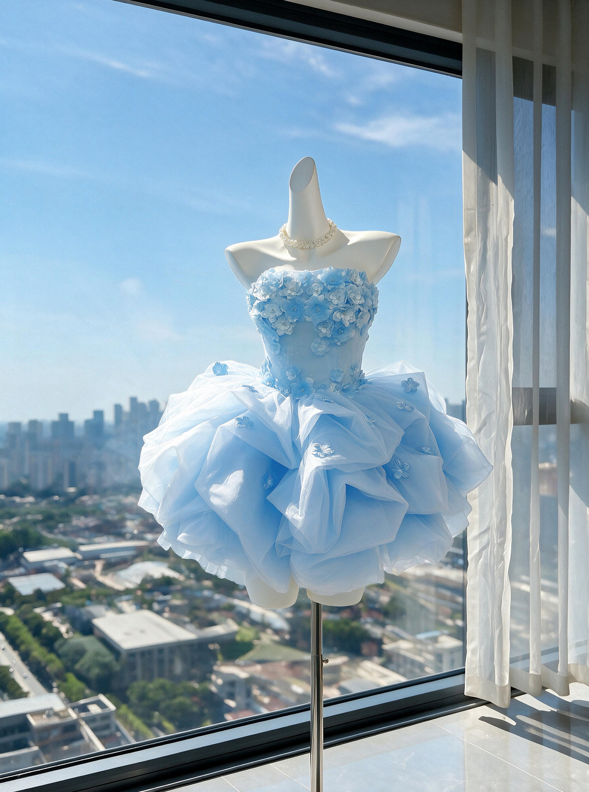 Modest Hoco Dress Ball Gown Strapless Blue Tulle With Flowers Homecoming Birthday Party Dress RC0969