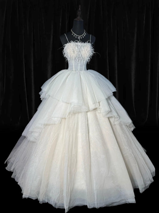 Ethereal Wedding Gowns Brides Dresses Ball Gown Spaghetti Strap for Bride Tulle White Petite/Plus Size Bridal Gown With Feathers For Women AS009