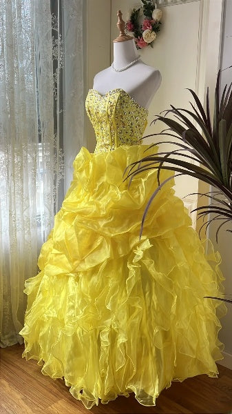 Sweet 15 Quinceanera Dress Ball Gown Sweetheart Yellow With Silver Beading Long 15th Birthday Gown RC0379
