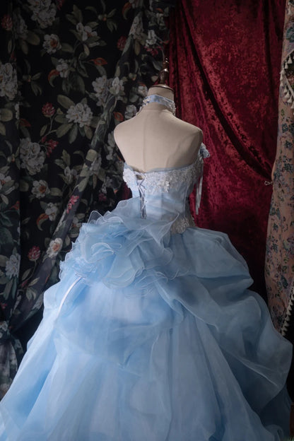 Princesses Fairytale Ball Gown Strapless Blue White Lace Long With Ruffled Quince Dress Quinceanera Dresses Formal Birthday Outfits RB8034