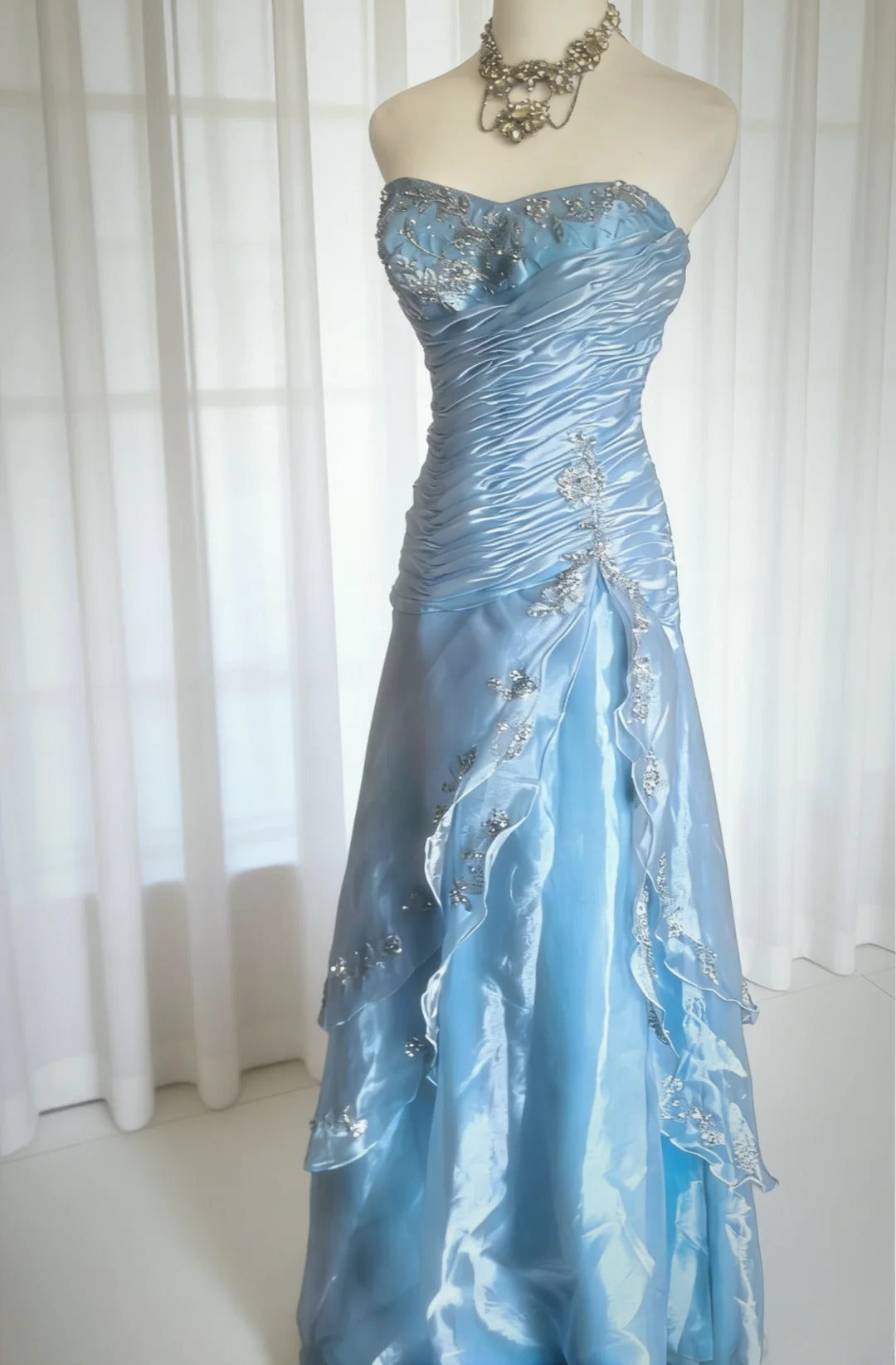 Unique A line Sweetheart Drop Waist Blue Tulle 90s With Beaded Bodice For Women Long Prom Dress 20th Birthday Gowns AS010