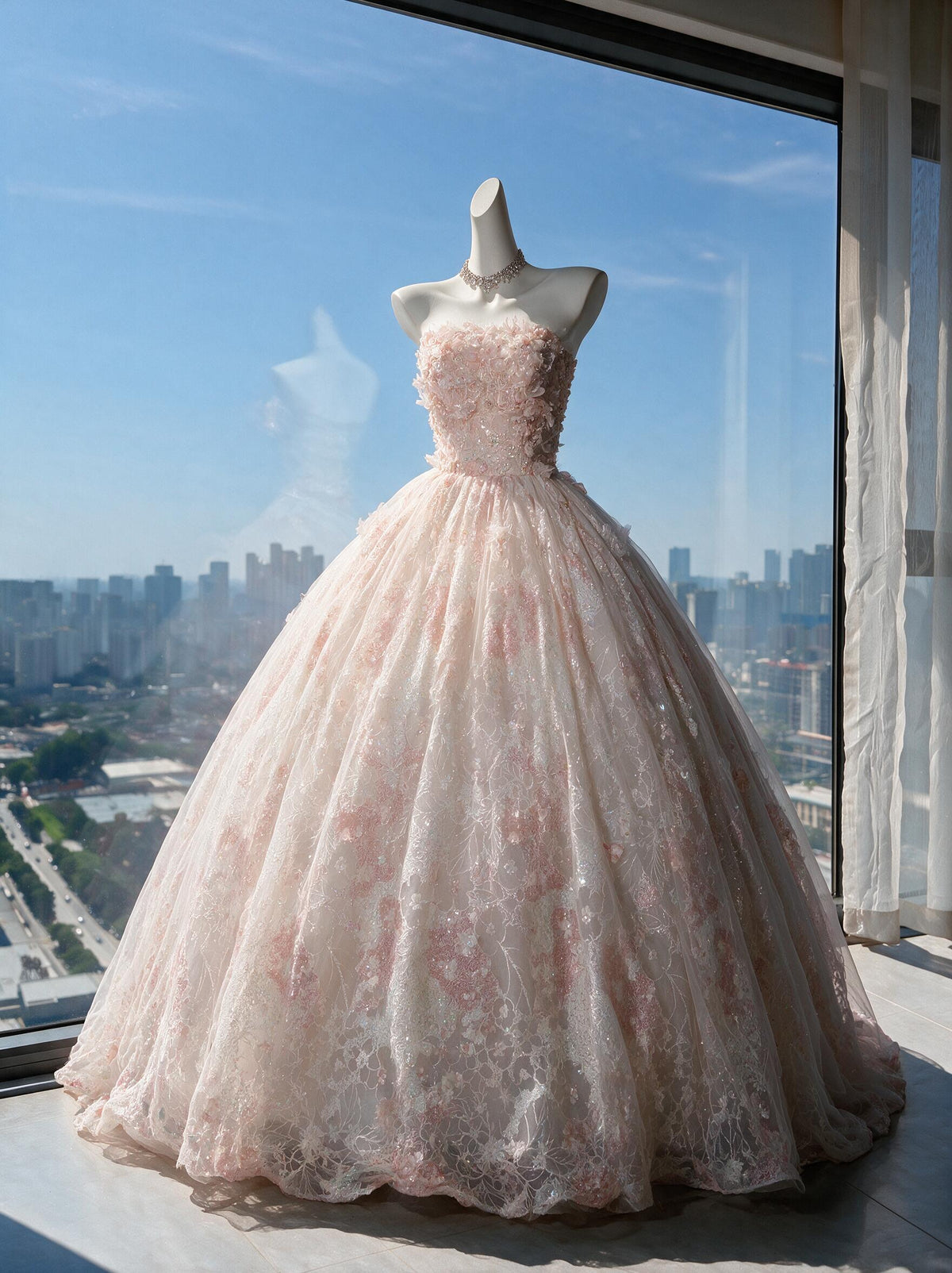 Fairy Quinceanera Dress Ball Gown Strapless Blush Pink Tulle With Flowers Tiered 16th Birthday Party Outfit RC0970