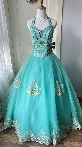 Sweet 16 Dresses Long Halter Blue Tulle Ball Gown Sleeveless Sweet Sixteen Birthday Gown RC0380