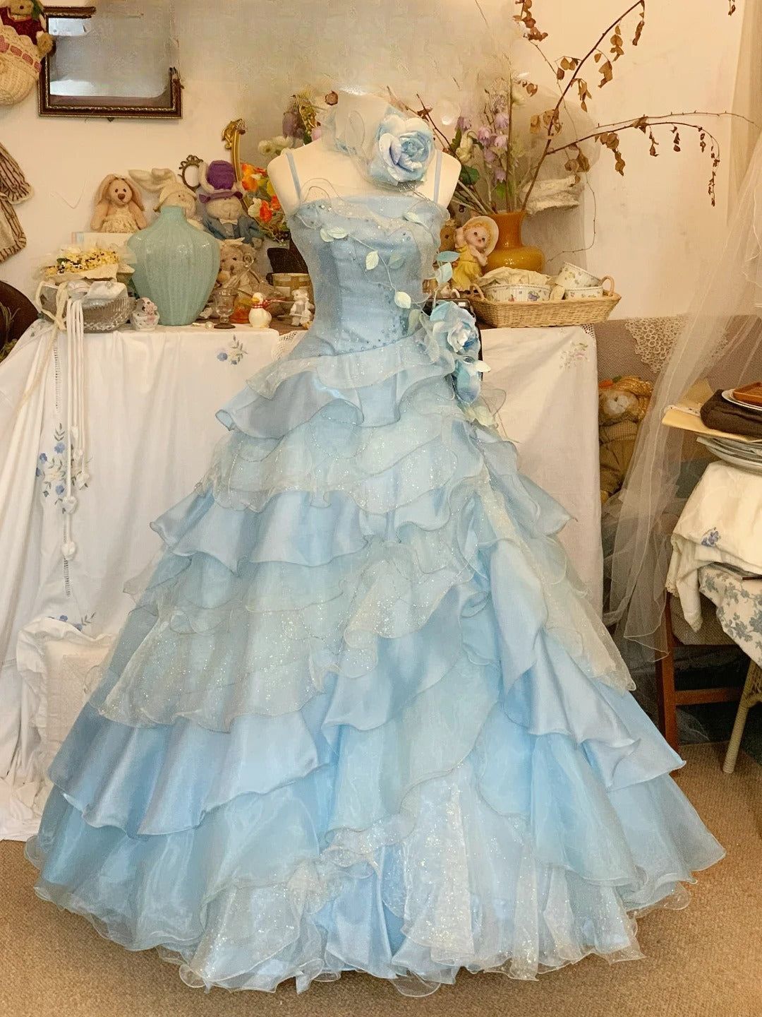 Floral Tiered Layers Ball Gown Tulle Prom Dress Formal Graduation Gown Long Party Outfits RB9008