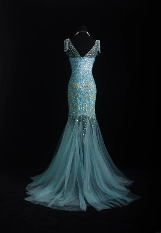 Vintage Prom Dresses 90s Formal Mermaid Scoop Neck Blue Tulle Long Party Gowns Prom Dresses AS010