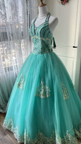 Sweet 16 Dresses Long Halter Blue Tulle Ball Gown Sleeveless Sweet Sixteen Birthday Gown RC0380