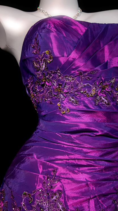 Purple Prom Dress Mermaid Strapless Satin Lace Modest Floor Length Formal Party Gown RB9818