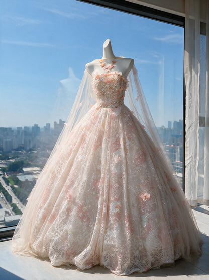 Fairy Quinceanera Dress Ball Gown Strapless Blush Pink Tulle With Flowers Tiered 16th Birthday Party Outfit RC0970